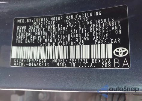 2019 Toyota Corolla Se from USA, damaged, VIN 5YFBURHE3KP901065